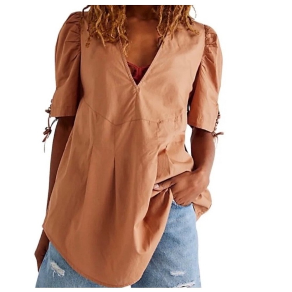 Free People Cottagecore V Neck Lace‎ Up Sleeve Tunic Blouse Chic Boho Indie